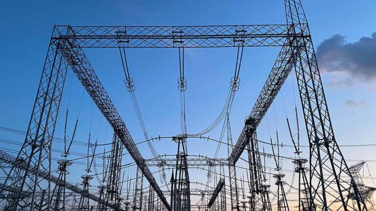 Image of Corona rings and electrical towers